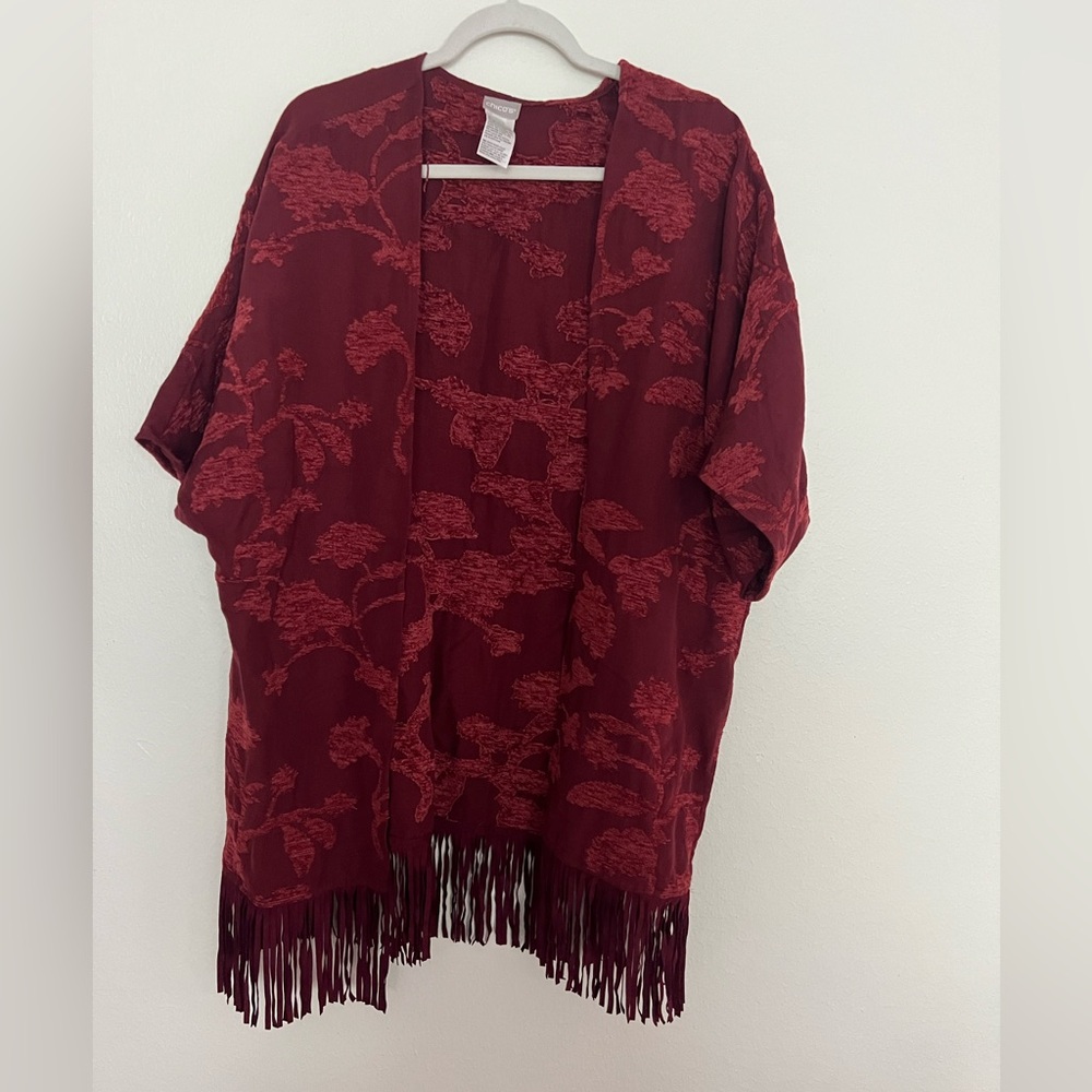 Chico's Burgundy Floral Fringe Kimono